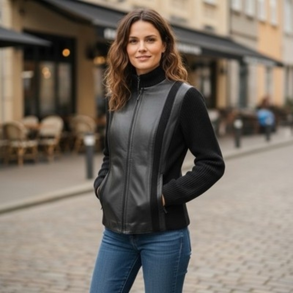 Worthington Black Leather Body Sweater Sleeve Jacket Zip Front Womens M